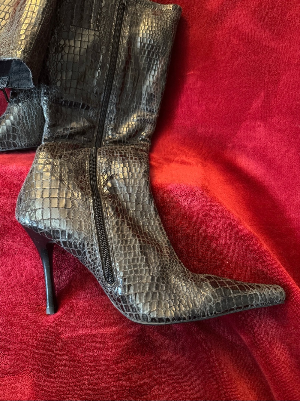 Gray Croc-Embossed Pointed Toe Stiletto Boot